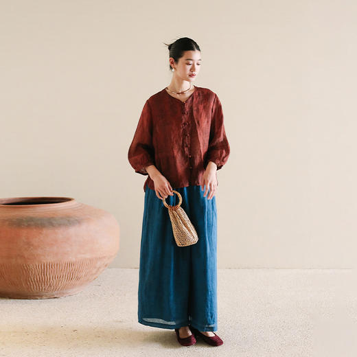 绽放旅行女装160朵/100苎麻香云纱工艺开襟短款H型V领七分袖衬衫 商品图2