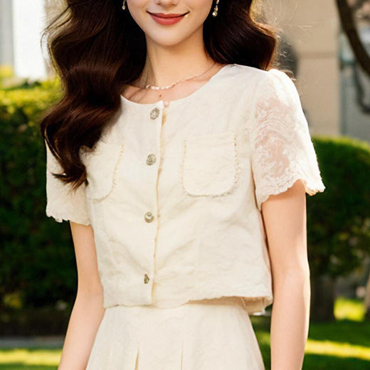 奢姿大码女装2025夏季减龄提花时尚两件套胖妹妹通勤百褶设计套装9952969331 商品图3