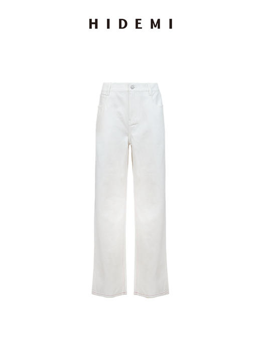 HIDEMI 都市单宁甄选白色水洗自然牛仔棉中低腰设计感红色走线直筒显瘦牛仔裤 商品图10