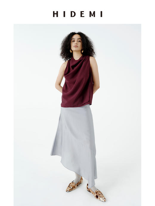 HIDEMI 极简设计感堆叠荡漾领缎面再生纤维飘逸感定染勃艮第红套装 上衣/阔腿裙裤 商品图5