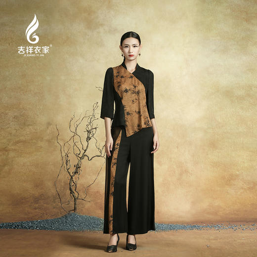 吉祥衣家新中式国风夏新款高端气质显瘦修身女装风摇竹影裤子 商品图1