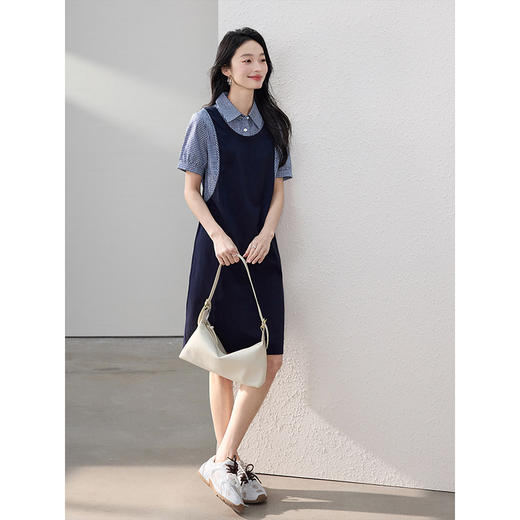 【专属特价】熙世界通勤优雅格纹衬衫领拼接裙子短袖假两件连衣裙女2025夏新款 商品图4