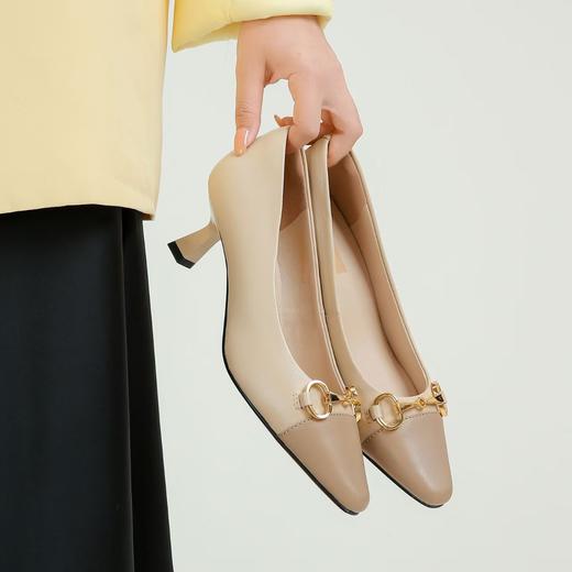 顺丰包邮42614洛诗琳双色小羊皮拼接尖方头马衔扣猫跟鞋31215 商品图3