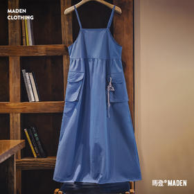 马登夏日系海边度假无袖吊带背心连衣裙掐腰山系工装多口袋长裙女