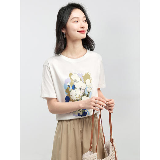 【专属特价】熙世界休闲文艺风插画印花T恤女短袖宽松圆领上衣2025年夏季新款 商品图3