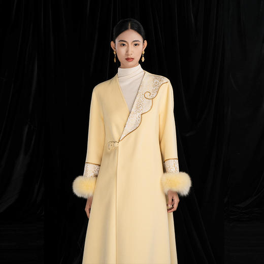 吉祥衣家国风绵羊毛大衣高级感V领气质保暖新中式长款羌芳华外套 商品图3