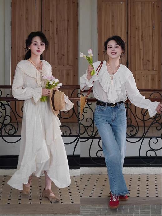 浮生八记/25A021/25A023/复古法式荷叶领不规则连衣裙浪漫系苎麻衬衫 商品图0