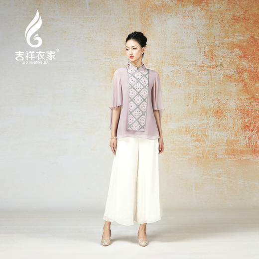 吉祥衣家新中式国风春夏新款高端气质显瘦修身女装坠粉飘香上衣 商品图1