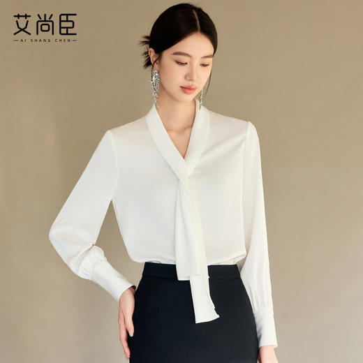 艾尚臣白色小众时尚洋气飘带衬衫女春秋季新款高级感时髦上衣衬衣 商品图3