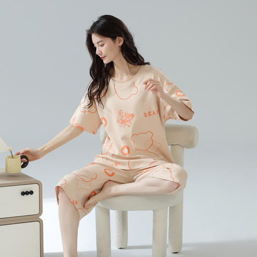 【免穿内衣可外出家居服】自带胸垫纯棉睡衣套装 甜美简约全棉短袖七分裤夏季薄款舒适家居服 商品图9