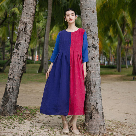 绽放旅行女装206朵/彩虹糖裙子亚麻拼接撞色前后两穿七分袖连衣裙 商品图1