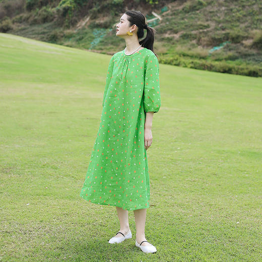 绽放旅行女装202朵/雨点裙春季小波点印花灯笼袖文艺七分袖连衣裙 商品图2