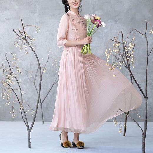 【林栖设计小店】亚麻连衣裙拼真丝新中式绣花2025夏季新品花仙子长裙女1952077 商品图1