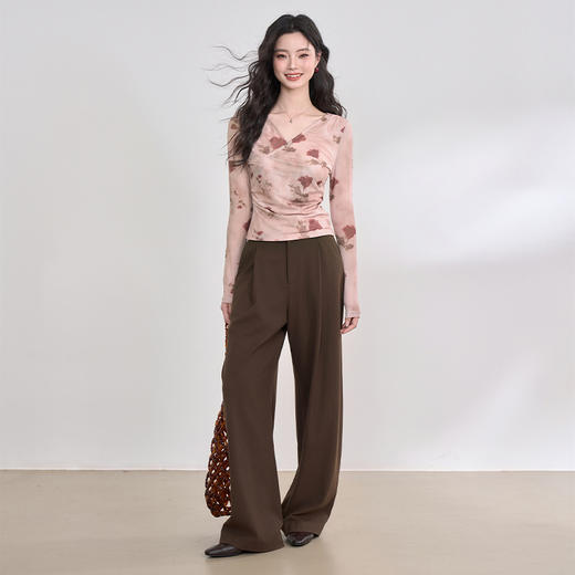 纯欲辣妹风玫瑰印花V领长袖T恤女2025春夏收腰修身上衣V0550223 商品图1