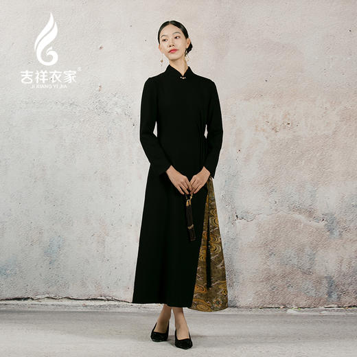 吉祥衣家新中式国风绵羊毛连衣裙高端气质显瘦修身女装玄云连衣裙 商品图0