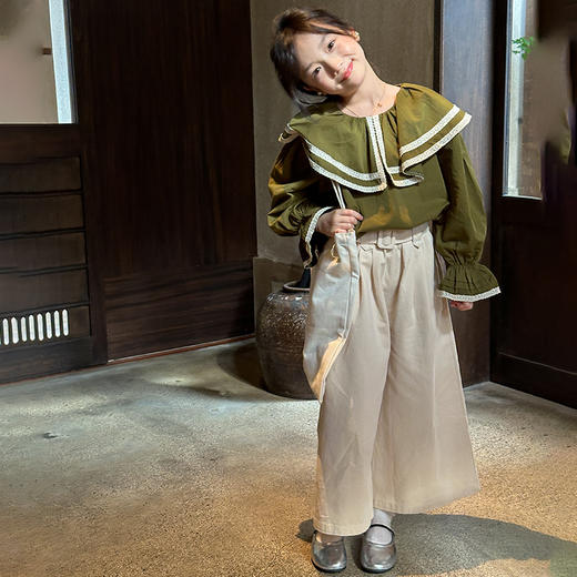 【麦乐拉 娃娃领芥末绿套装7095】儿童时尚套装 舒适韩系穿搭 上身不臃肿 蕾丝领设计 温柔风穿搭 商品图5