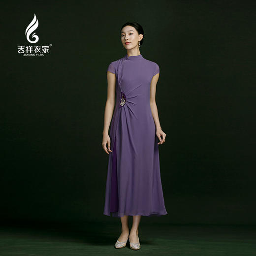 吉祥衣家国风新中式春夏新款气质显瘦修身女装微月照桐花连衣裙 商品图0