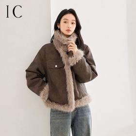 IC 复古做旧宽松毛毛短外套冬新款皮草机车服女式皮毛一体