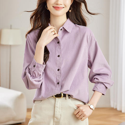 百媚生 纯棉灯芯绒翻领衬衫女410951 商品图2