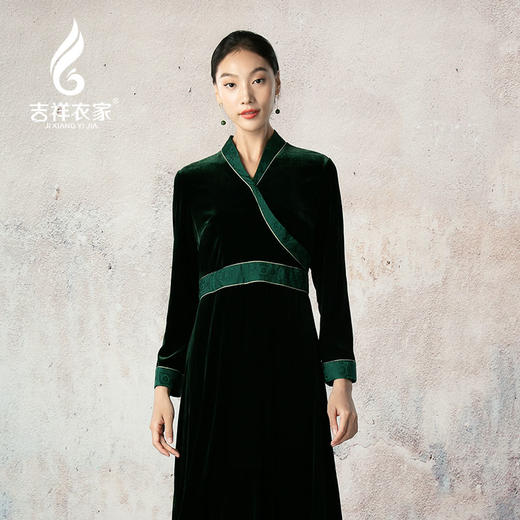 吉祥衣家新中式国风春季新款高端显瘦修身女装春晚绿野秀连衣裙 商品图0