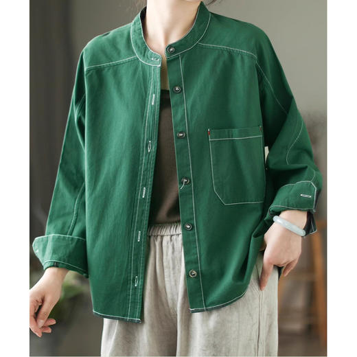 百媚生 复古斜纹棉质长袖衬衫女立领开衫2412 商品图1