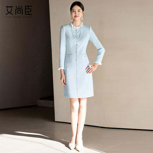 艾尚臣小香风连衣裙女2025春季新款时尚长袖裙子优雅花边领西装裙 商品图2