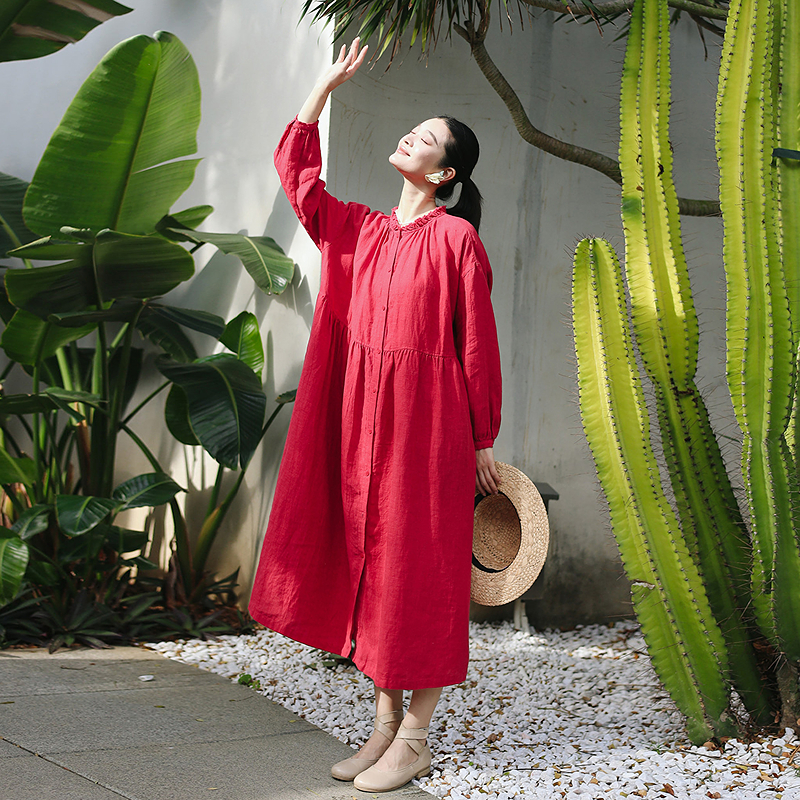 绽放旅行女装041朵/纯亚麻微皱花边领落肩长袖H型开襟文艺连衣裙