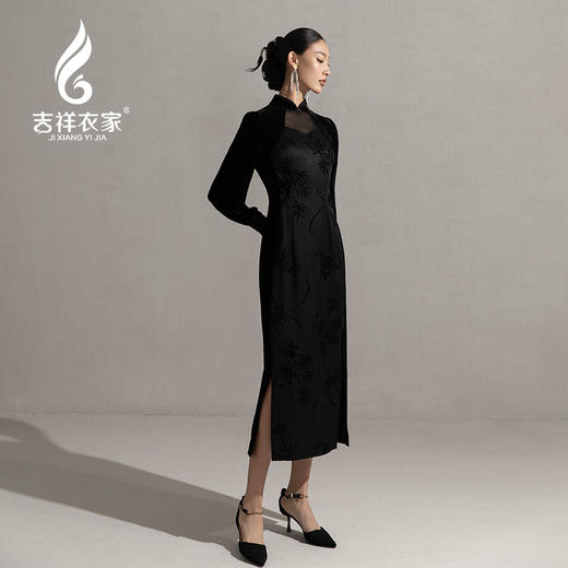 吉祥衣家新中式复古国风气质高端立领女装修身黑色兰之猗香连衣裙 商品图0