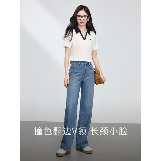 【1件9折】熙世界撞色翻领POLO衫短袖t恤女夏季2025新款小个子显瘦休闲上衣 商品图2