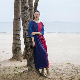 绽放旅行女装206朵/彩虹糖裙子亚麻拼接撞色前后两穿七分袖连衣裙
