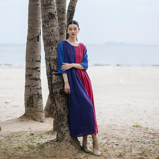 绽放旅行女装206朵/彩虹糖裙子亚麻拼接撞色前后两穿七分袖连衣裙 商品图0