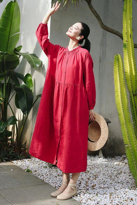 绽放旅行女装041朵/纯亚麻微皱花边领落肩长袖H型开襟文艺连衣裙 商品图5