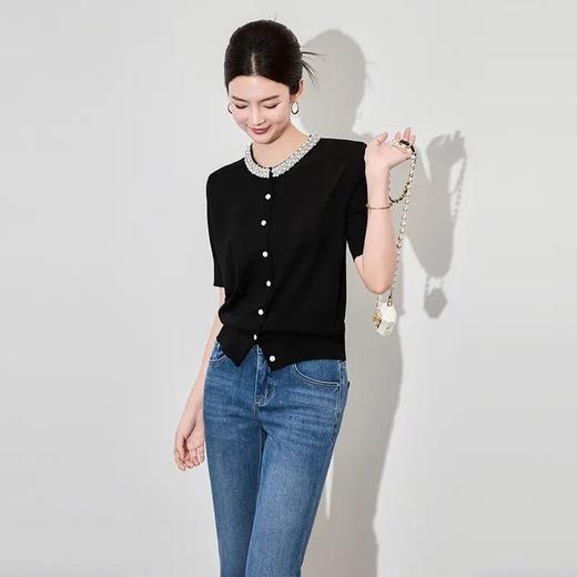 【高货wl】全新升级【铂金会员192/天猫259/差价67】(73233) 洛诗琳法式轻奢重工钉珠圆领短袖针织开衫名媛气质上衣 商品图2