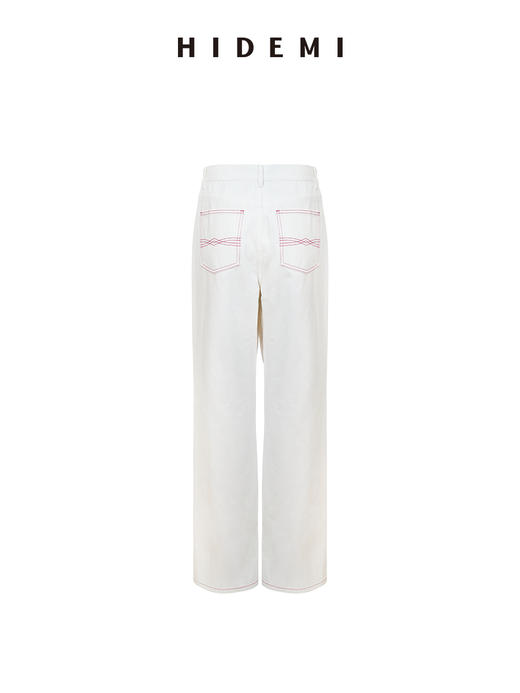 HIDEMI 都市单宁甄选白色水洗自然牛仔棉中低腰设计感红色走线直筒显瘦牛仔裤 商品图11