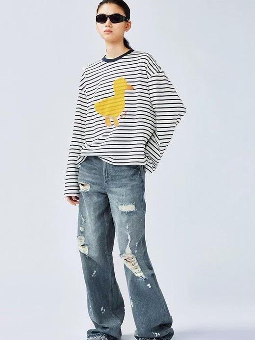 【断码 清仓 凑单】乌丫 25春季新款 可爱小黄鸭印花海魂条纹T恤 商品图4