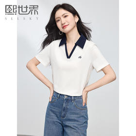 【1件9折】熙世界撞色翻领POLO衫短袖t恤女夏季2025新款小个子显瘦休闲上衣