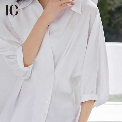 IC 法式气质七分短袖斜门襟衬衫宽松V领上衣休闲百搭衬衣外套女夏 商品图4