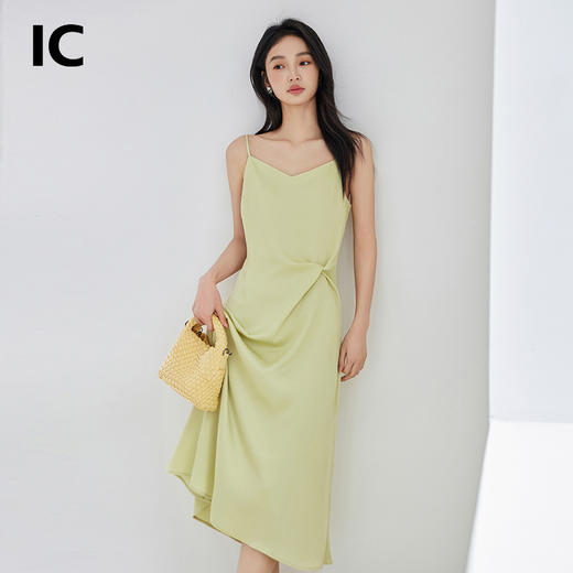 *IC夏季盐系穿搭薄荷绿长裙V领扭结收腰小众吊带连衣裙女新款 商品图0