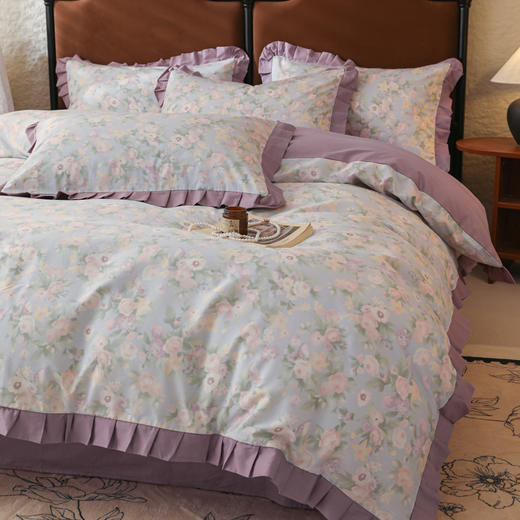 自然醒40支13070全棉荷叶双层花边款四件套100纯棉小清新床单被套三件套床上用品JY 商品图3