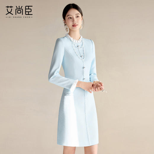 艾尚臣小香风连衣裙女2025春季新款时尚长袖裙子优雅花边领西装裙 商品图1