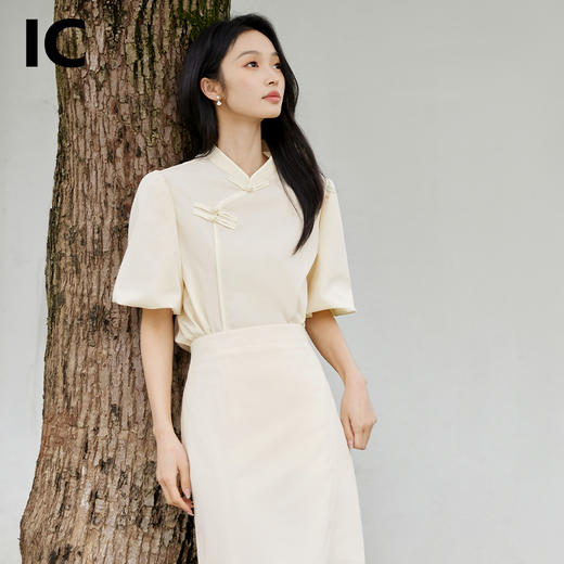 *IC新中式国风泡泡袖上衣直身半裙新款休闲优雅高级气质套装女 商品图0