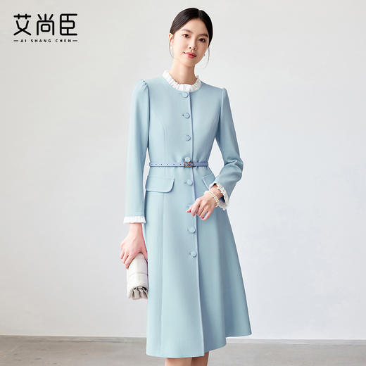 艾尚臣蓝色连衣裙女2025春新款木耳边拼色简约纯色长袖裙子工作服 商品图0