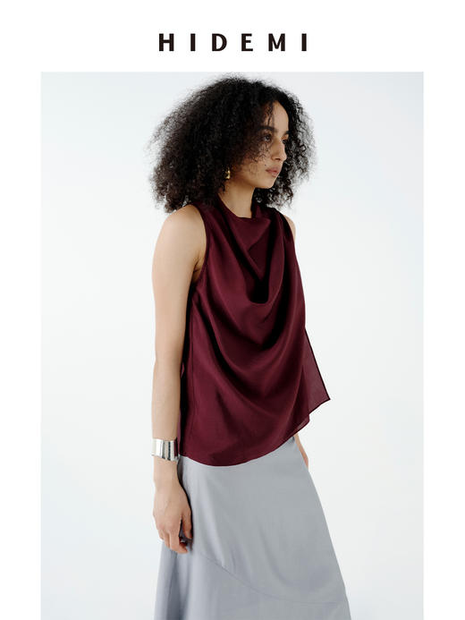HIDEMI 极简设计感堆叠荡漾领缎面再生纤维飘逸感定染勃艮第红套装 上衣/阔腿裙裤 商品图7
