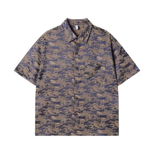 CS207夏季高级感新款国风暗纹提花撞色短袖衬衫情侣复古宽松衬衣 商品图1