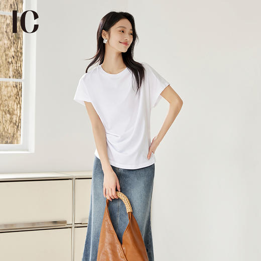 IC 白色设计感不对称褶皱收腰短袖女t恤女新款夏宽松休闲上衣 商品图2