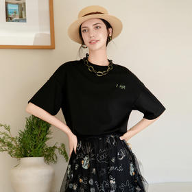 谜底刺绣T恤短袖女2025夏新款圆领宽松后背抽象绣花上衣256MT6021