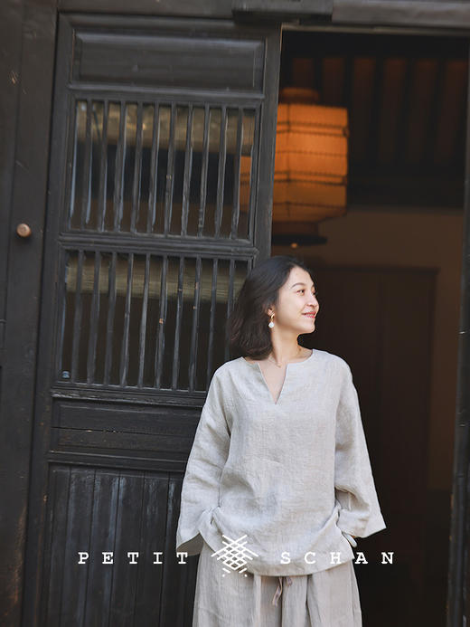 PETIT SCHAN小闪 CLO#773 self-observation 内观 亚麻雨露麻V领宽松上衣 商品图3