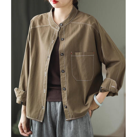 百媚生 复古斜纹棉质长袖衬衫女立领开衫2412 商品图0