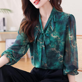法式通勤飘带气质印花上衣，荷叶边优雅显瘦百搭衬衣KQL-E324N1413