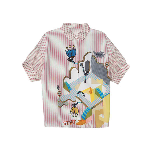 谜底条纹衬衫短袖女2025夏新款通勤风粉色定位印花衬衣256MC6242 商品图4